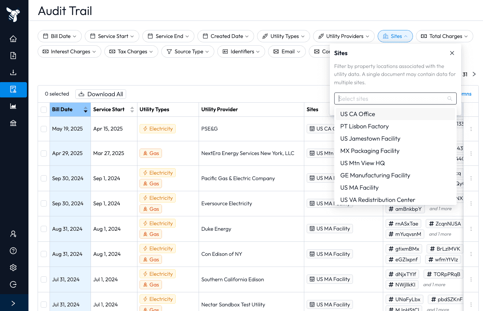 Nectar utility expense management — automated utility data management screenshot