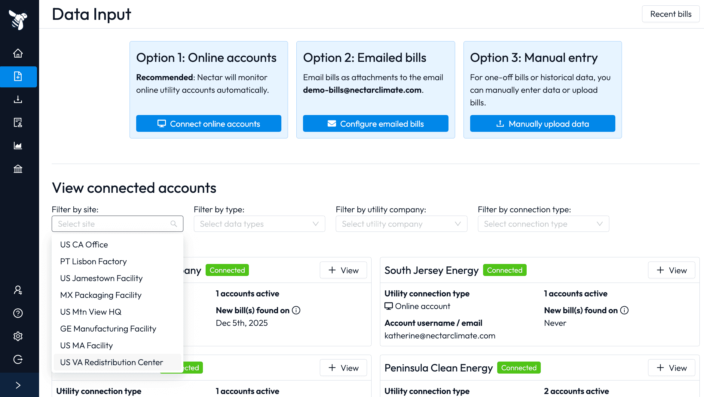 Nectar automated data collection — automated utility data management screenshot
