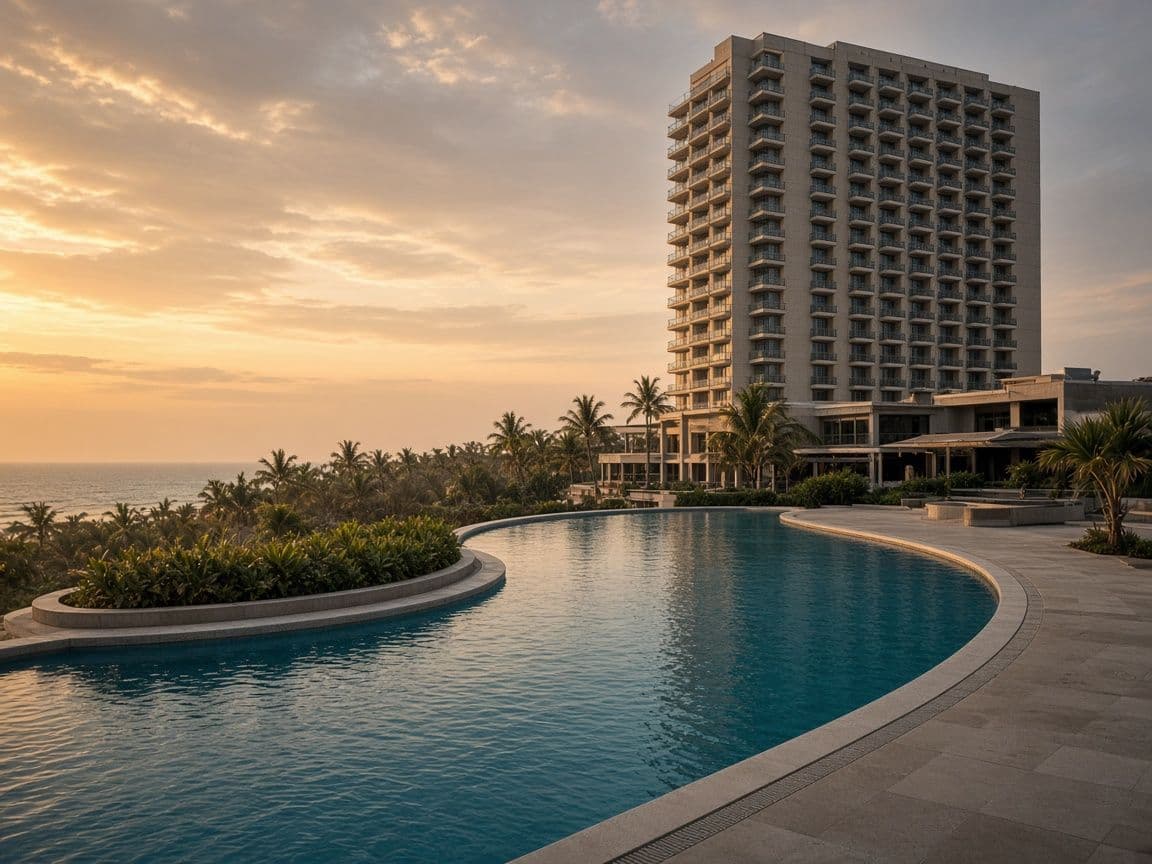 Resort pool and hotel tower at golden hour