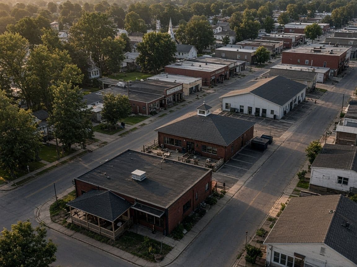 Aerial view of a commercial street with restaurants