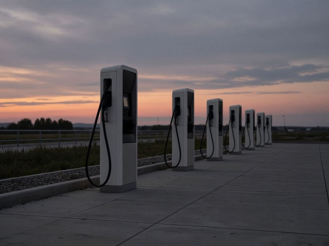 Empty row of chargers at a fleet depot