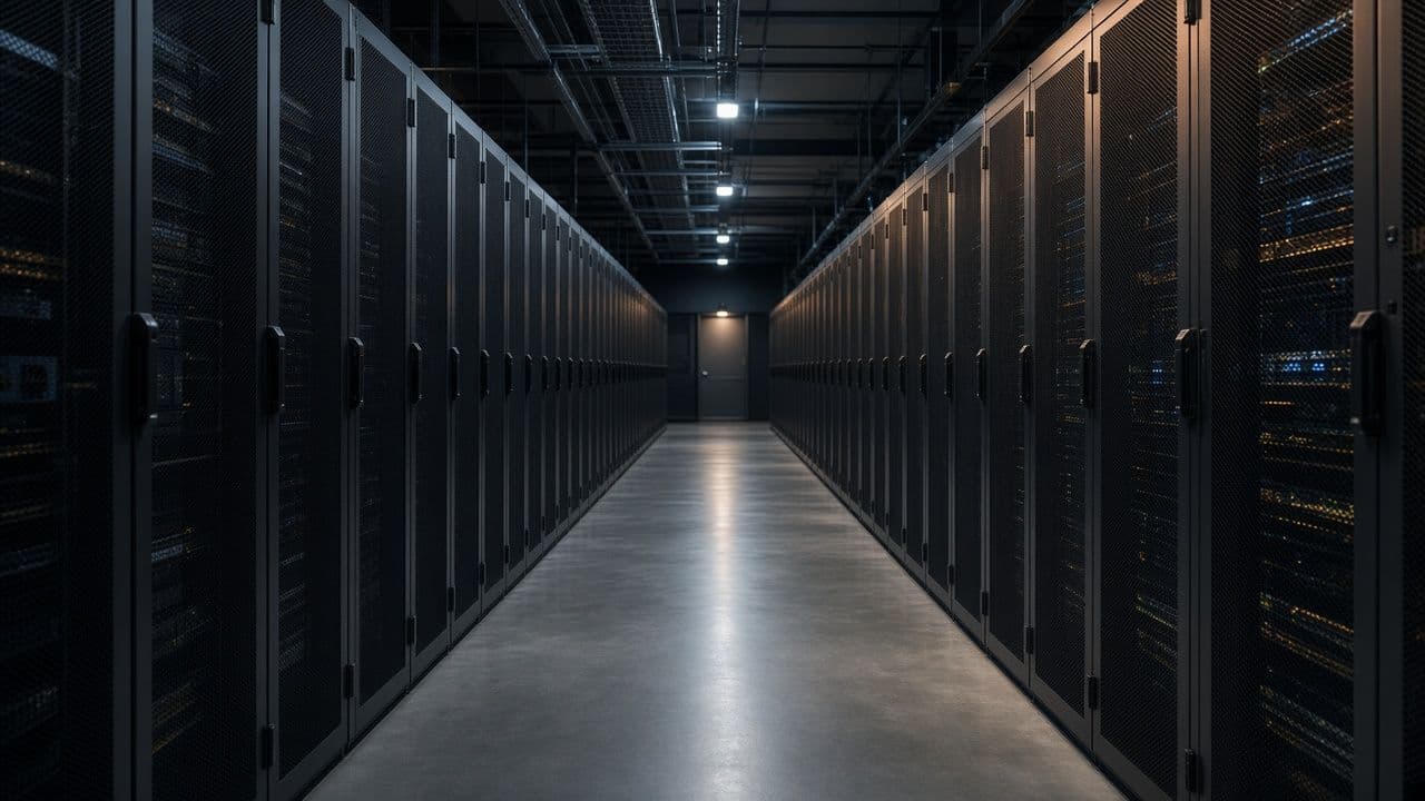 Empty aisle of server racks in a data center
