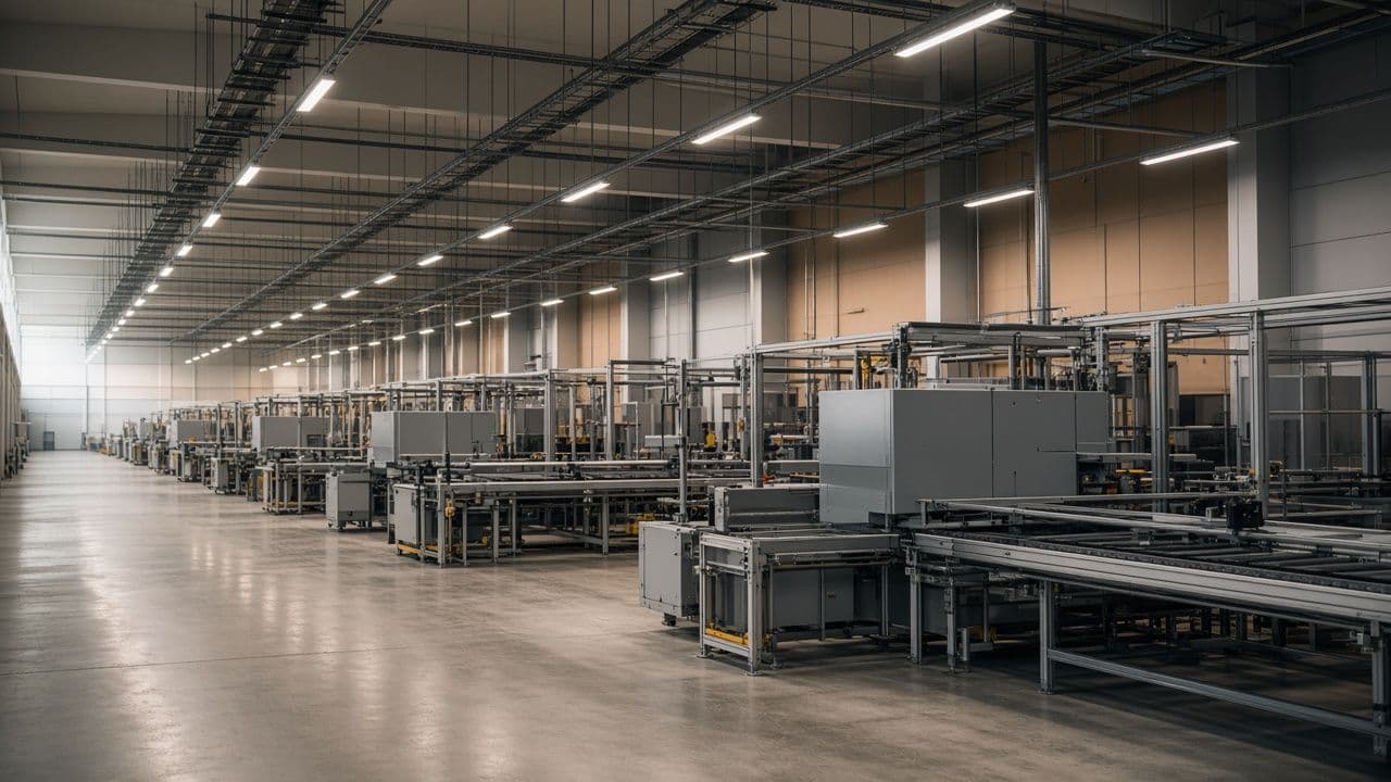 Modern factory floor with production lines