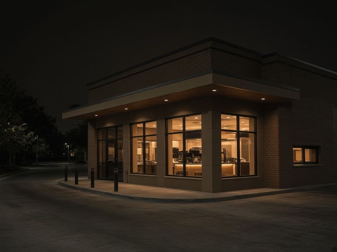 Empty quick-service restaurant exterior at night