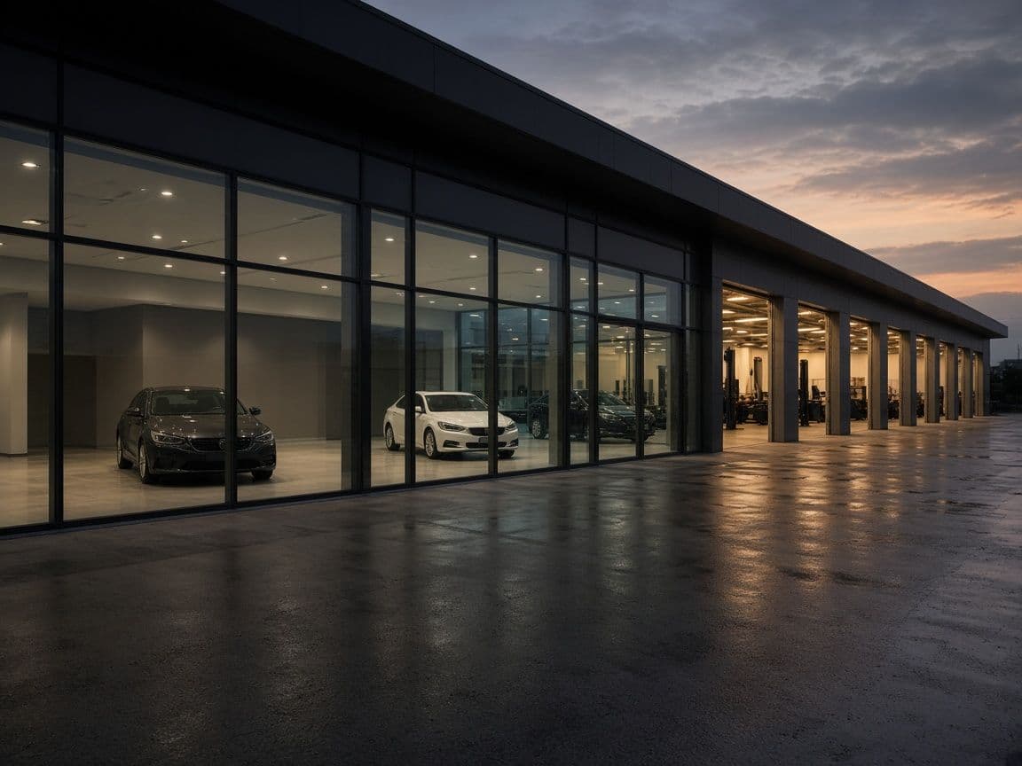 Row of car dealership showrooms at dusk