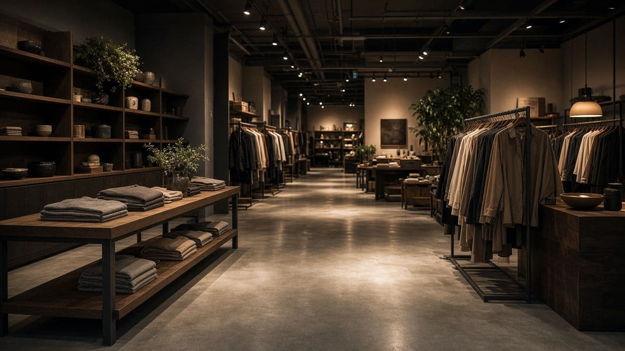 Retail store interior with lit display aisles
