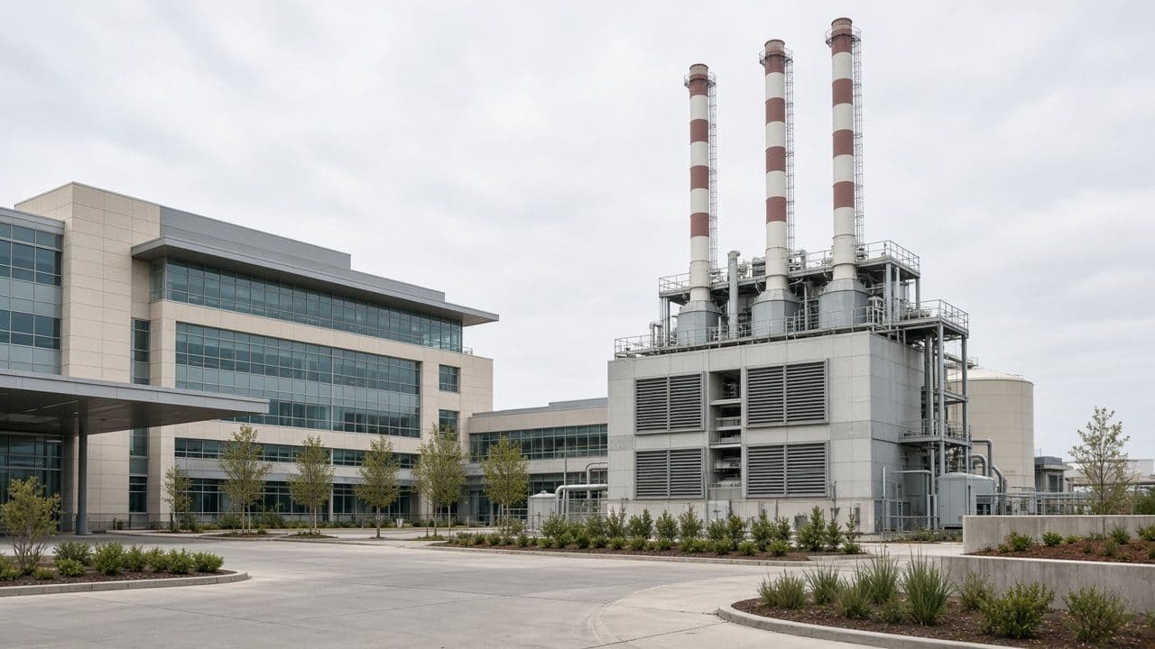 Hospital exterior with its central energy plant