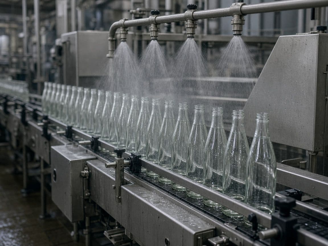 Bottling line with bottles on a conveyor