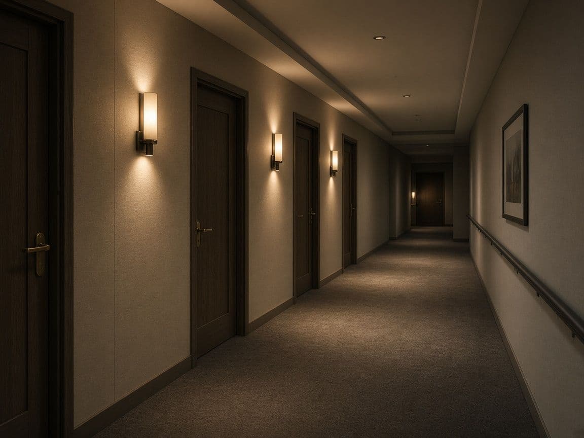 Hotel corridor with room doors