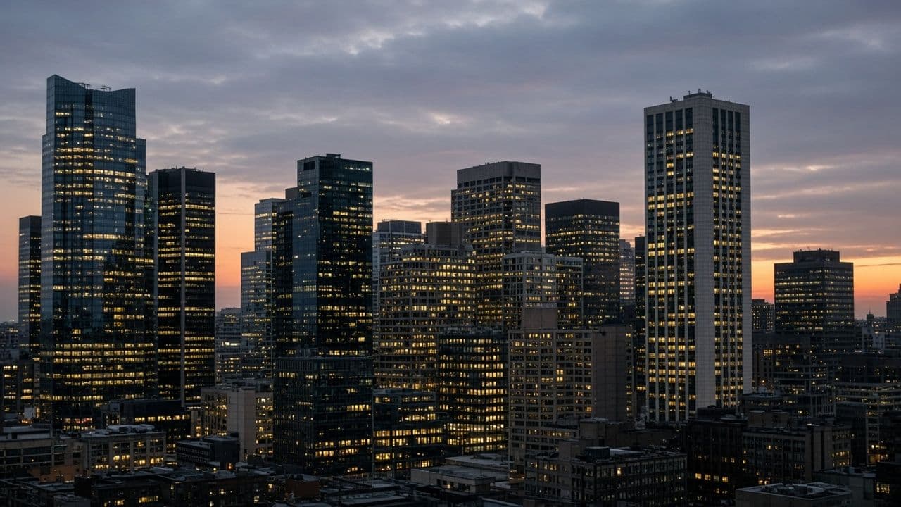 City skyline of office towers at dusk