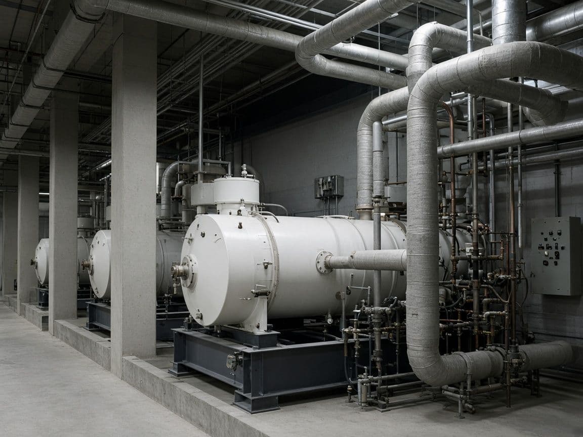 Chillers and pipework in a hospital central plant