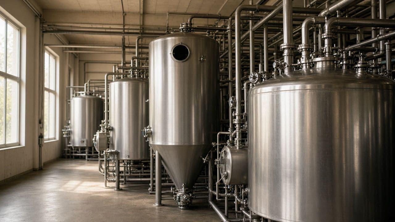 Stainless steel tanks in a dairy processing plant