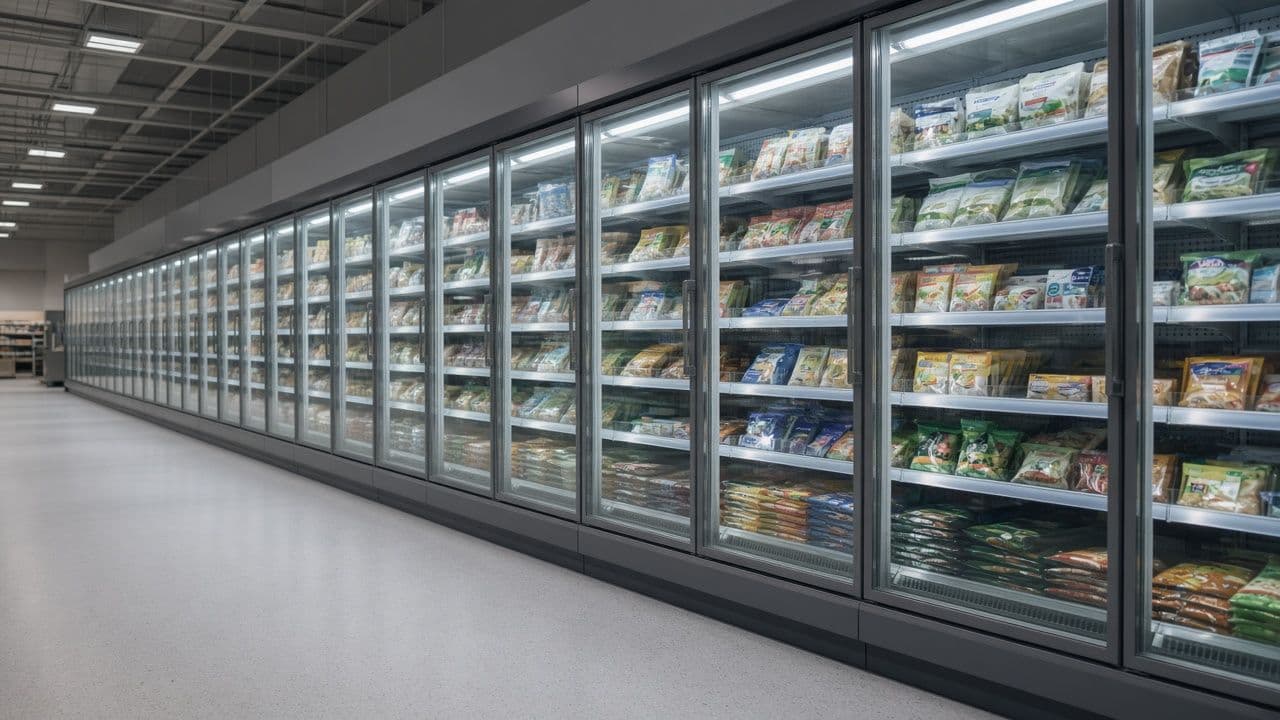 Empty supermarket refrigerated aisle