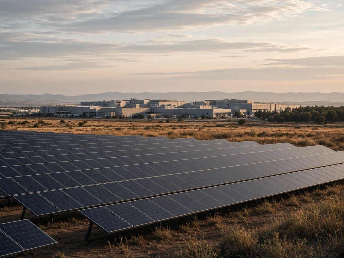 Solar farm with a data center campus beyond