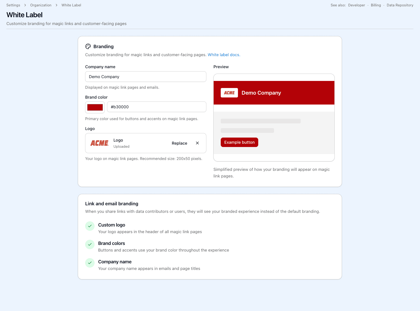 Nectar white-label branding settings — partner logo, brand color, and a live preview of the customer-facing portal