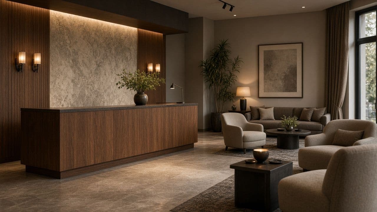 Hotel lobby with warm lighting