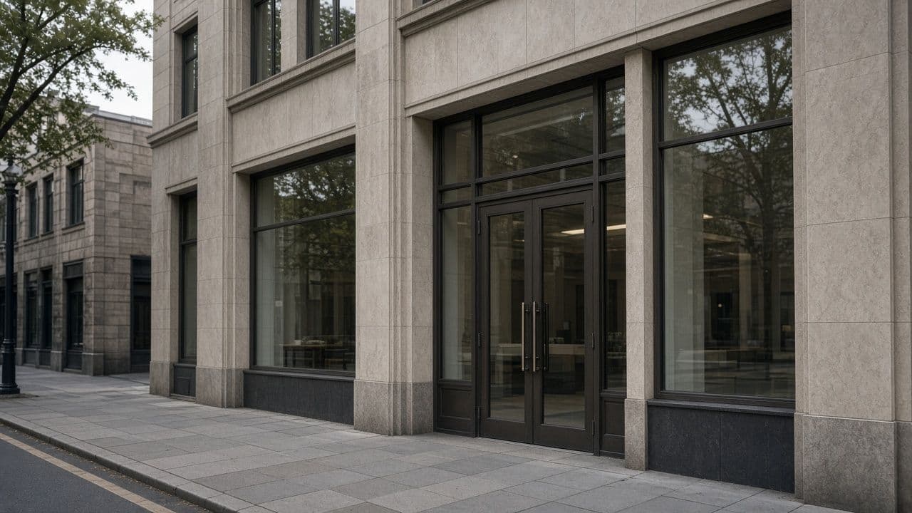 Empty bank branch exterior in the morning