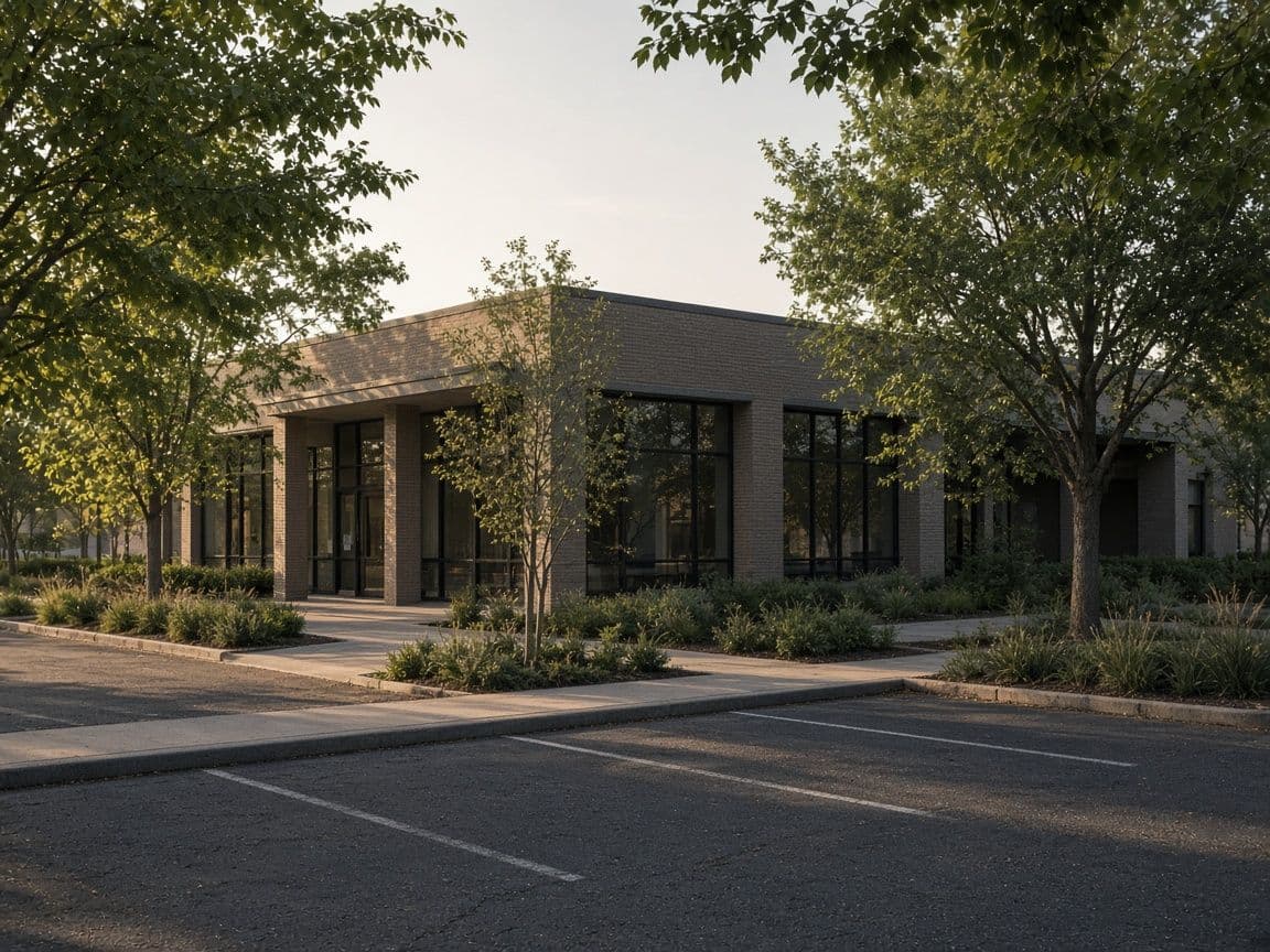 Outpatient clinic building with a parking lot