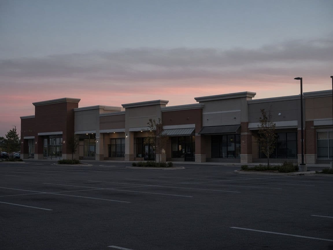 Strip of storefronts in a shopping center at dusk
